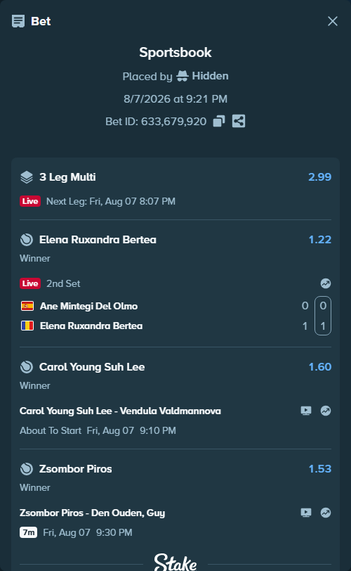 Bet slip: Zsombor Piros - Den Ouden, Guy, $20,000.00 stake at 1.53 odds, placed by Hidden