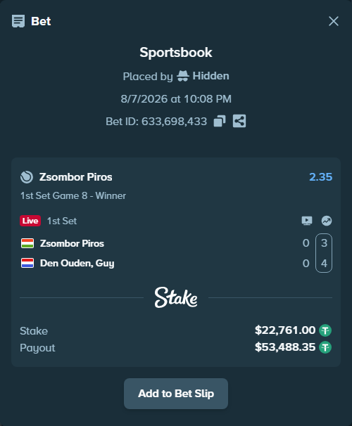 Bet slip: Zsombor Piros - Den Ouden, Guy, $22,783.76 stake at 2.35 odds, placed by Hidden