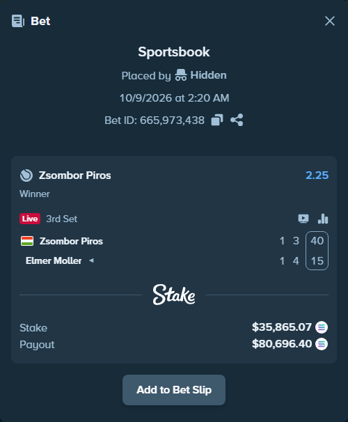 Bet slip: Zsombor Piros - Elmer Moller, $35,685.52 stake at 2.25 odds, placed by Prettylfacko98