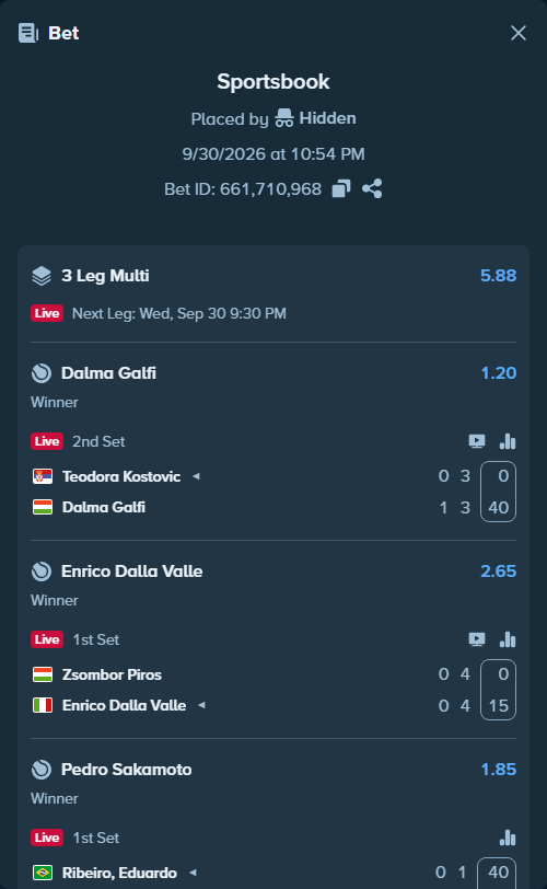 Bet slip: Zsombor Piros - Enrico Dalla Valle, $10,000.00 stake at 2.65 odds, placed by Hidden