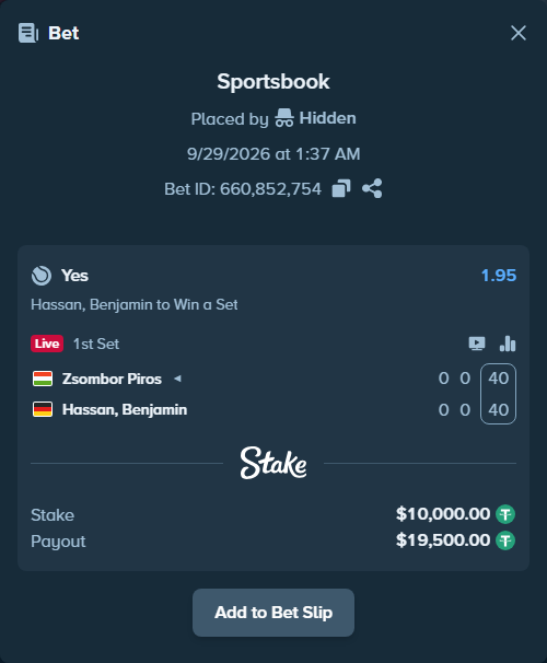 Bet slip: Zsombor Piros - Hassan, Benjamin, $10,000.00 stake at 1.95 odds, placed by Hidden
