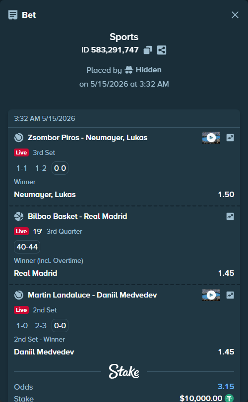Bet slip: Zsombor Piros - Neumayer, Lukas, $10,000.00 stake at 1.50 odds, placed by Hidden
