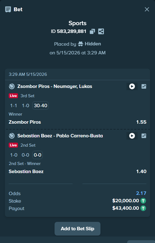 Bet slip: Zsombor Piros - Neumayer, Lukas, $20,000.00 stake at 1.55 odds, placed by Hidden