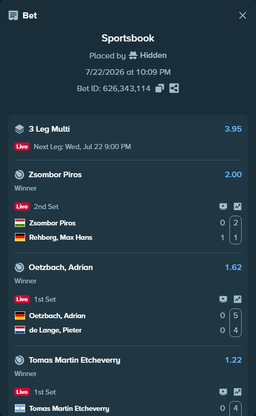 Bet slip: Zsombor Piros - Rehberg, Max Hans, $10,000.00 stake at 2.00 odds, placed by Hidden