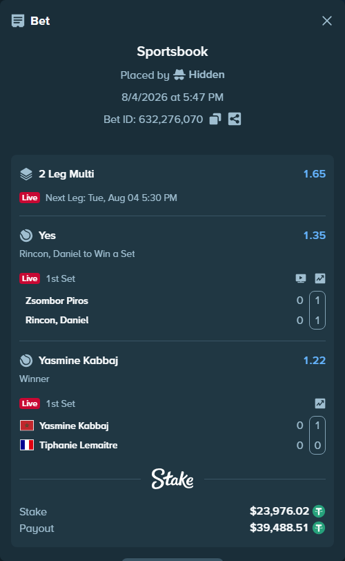 Bet slip: Zsombor Piros - Rincon, Daniel, $24,000.00 stake at 1.35 odds, placed by Hidden