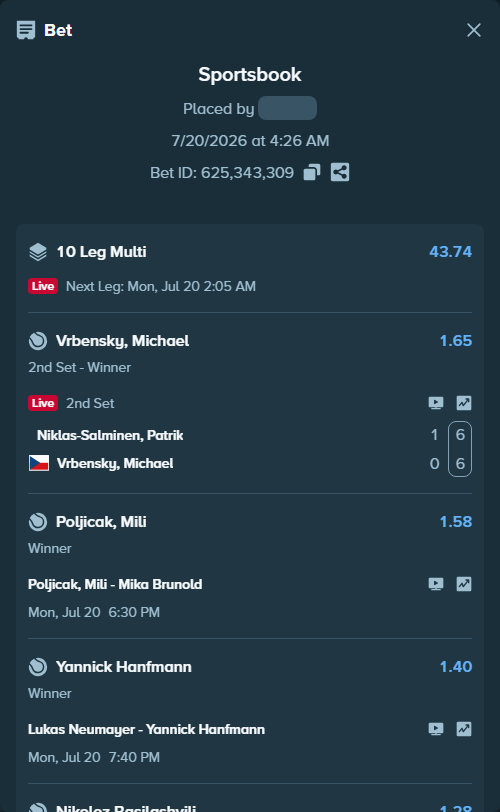 Bet slip: Zsombor Piros - Stefano Napolitano, $24,486.57 stake at 1.23 odds, placed by Prettylfacko98