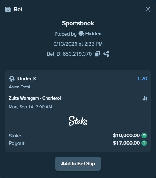 Bet slip: Zulte Waregem - Charleroi, $10,000.00 stake at 1.70 odds, placed by Hidden