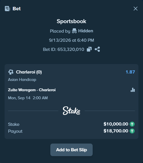 Bet slip: Zulte Waregem - Charleroi, $10,000.00 stake at 1.87 odds, placed by Hidden