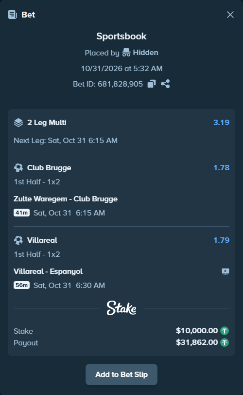Bet slip: Zulte Waregem - Club Brugge, $10,010.00 stake at 1.78 odds, placed by Hidden