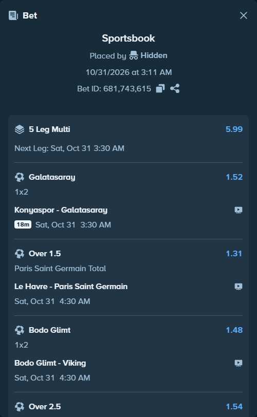 Bet slip: Zulte Waregem - Club Brugge, $90,090.00 stake at 1.32 odds, placed by Hidden