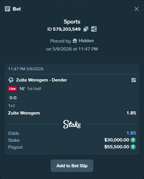 Bet slip: Zulte Waregem - Dender, $30,000.00 stake at 1.85 odds, placed by Hidden