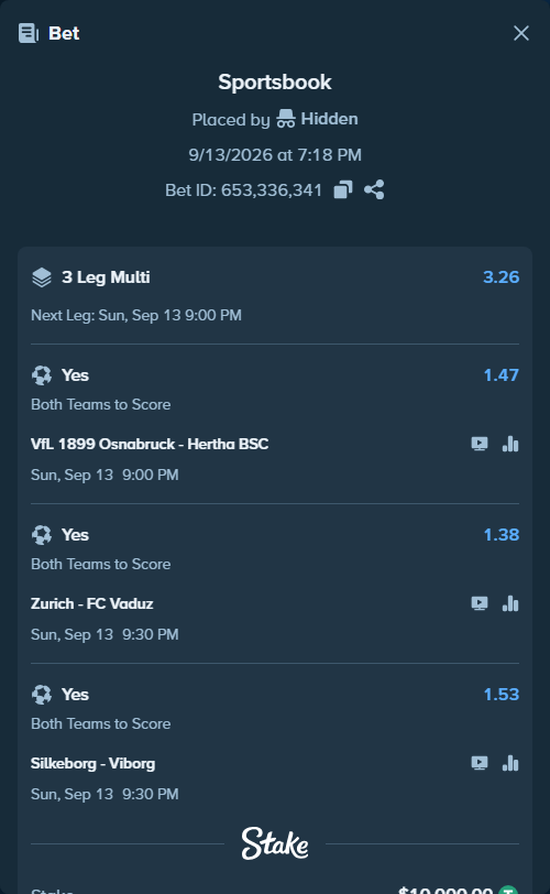 Bet slip: Zurich - FC Vaduz, $10,000.00 stake at 1.38 odds, placed by Hidden