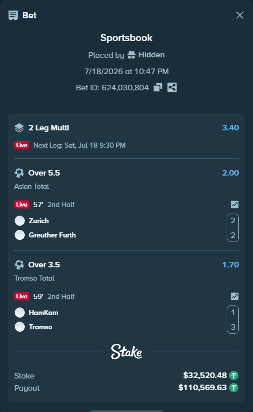 Bet slip: Zurich - Greuther Furth, $32,553.00 stake at 2.00 odds, placed by Hidden