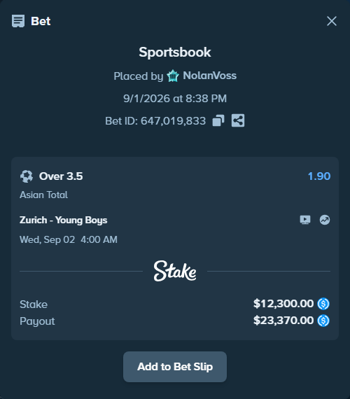 Bet slip: Zurich - Young Boys, $12,300.00 stake at 1.90 odds, placed by NolanVoss