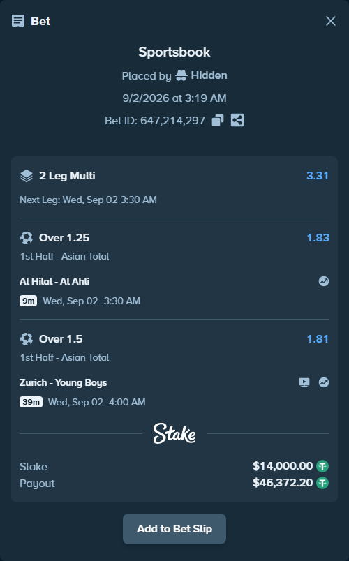 Bet slip: Zurich - Young Boys, $14,000.00 stake at 1.81 odds, placed by Hidden