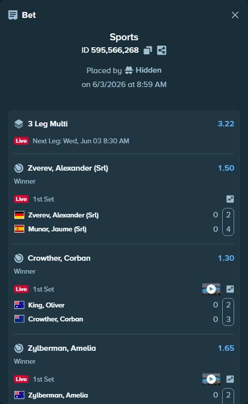 Bet slip: Zverev, Alexander (Srl) - Munar, Jaume (Srl), $10,010.00 stake at 1.50 odds, placed by Hidden