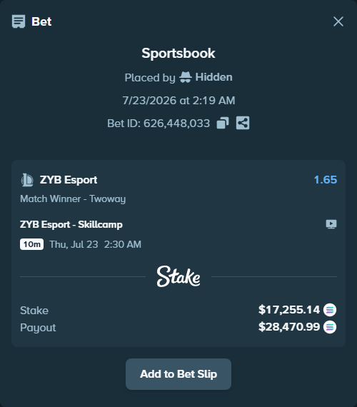 Bet slip: ZYB Esport - Skillcamp, $15,924.93 stake at 1.65 odds, placed by Hidden